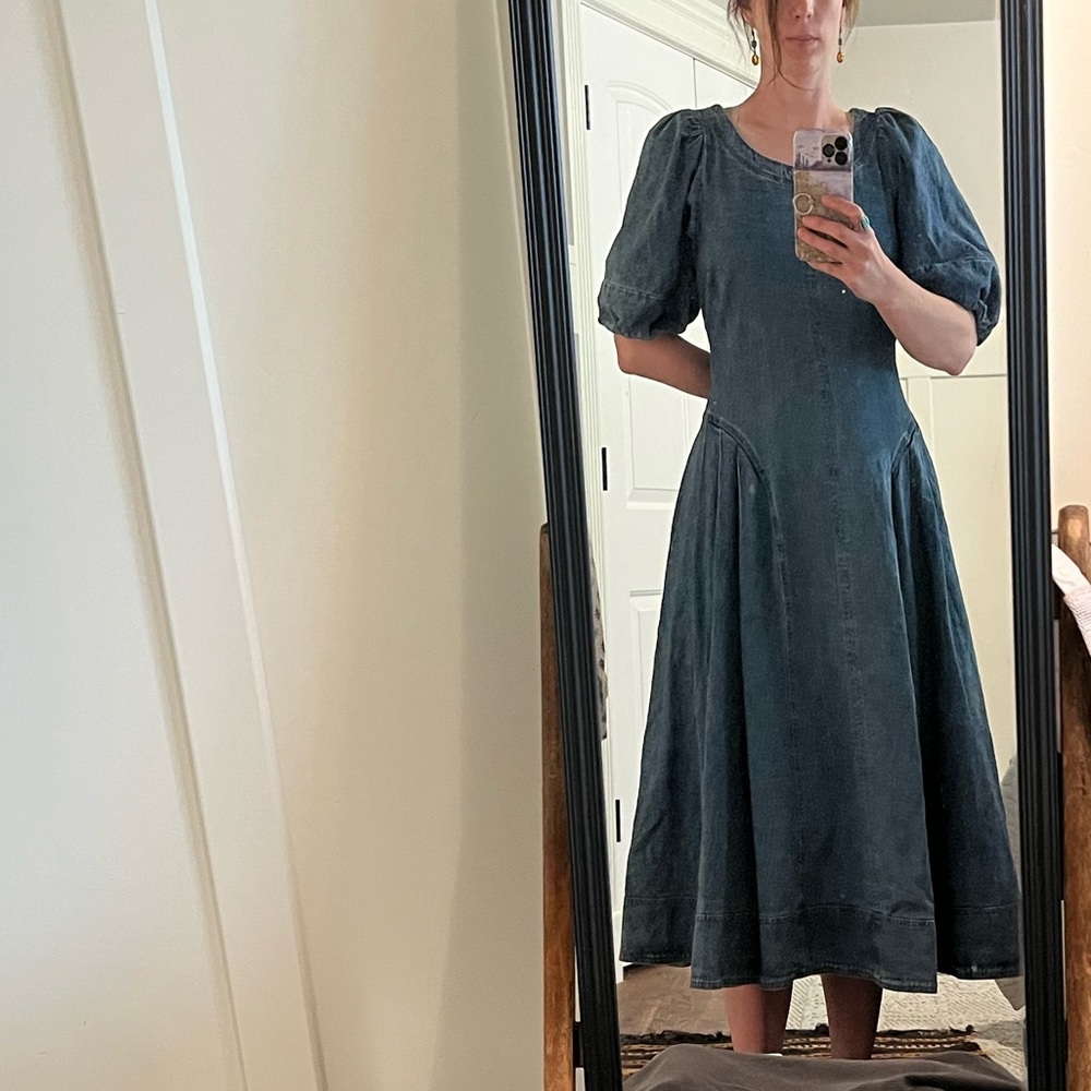 Anthropology Blue Denim Midi western Dress with Open Back and Pockets! - Picture 2 of 10